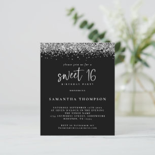 Budget Silver Glitter Sweet 16 Black Invitation