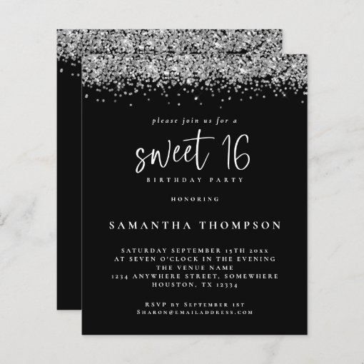 Budget Silver Glitter Sweet 16 Black Invitation | Zazzle