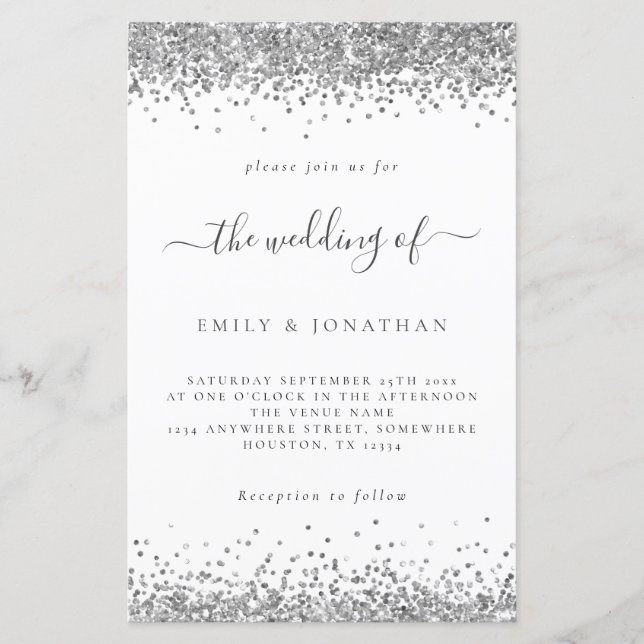 Budget Silver Glitter Wedding White Invitation (Front)