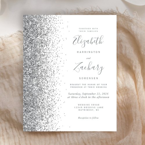 Budget Silver Glitter White Wedding Invitation