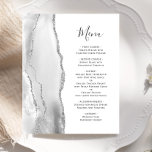 Budget Silver Gray Agate White Wedding Menu<br><div class="desc">The left-hand edge of this elegant modern wedding menu features a gray and white watercolor agate border trimmed with faux silver glitter. The customizable text combines whimsical charcoal gray handwriting script and copperplate fonts on a white background. The reverse side features a matching gray and silver agate design.</div>
