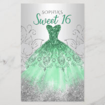Budget Silver Green Dress Sweet 16 Invitation