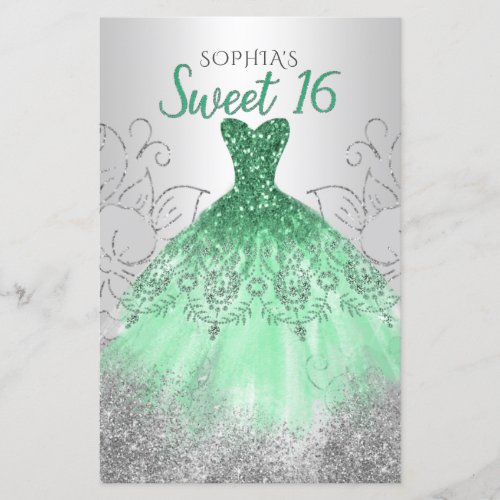 Budget Silver Green Dress Sweet 16 Invitation