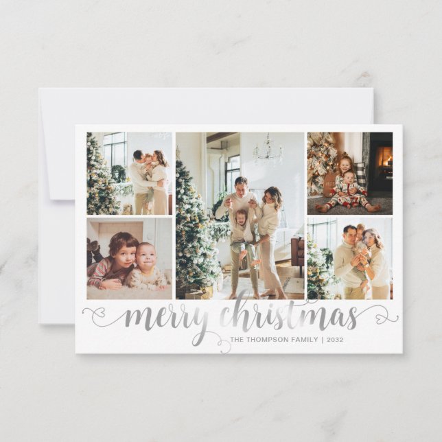 BUDGET Silver Merry Christmas Heart Script 5 Photo Note Card (Front)