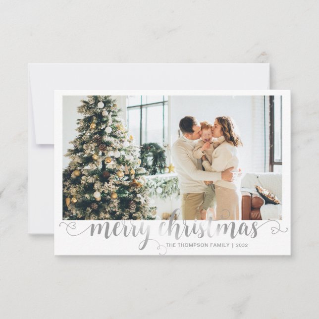 BUDGET Silver Merry Christmas Heart Script Photo Note Card (Front)