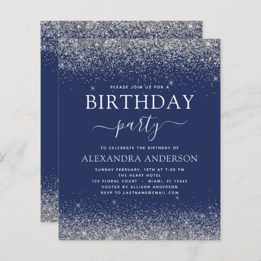 Budget Silver Navy Blue Any Age Birthday Glitter (Front/Back)