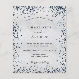 Budget silver navy blue wedding invitation