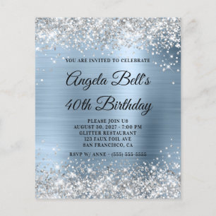Budget Silver Pale Blue 40th Birthday Invite