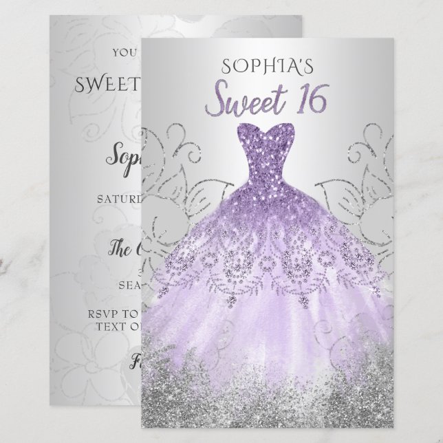 Budget Silver Purple Dress Sweet 16 invitation (Front/Back)