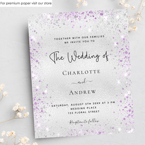 Budget silver purple glitter wedding invitation
