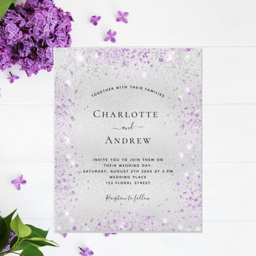 Budget silver purple QR RSVP wedding invitation