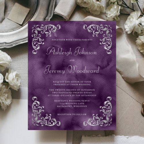 Budget Silver Purple Wedding Invitation