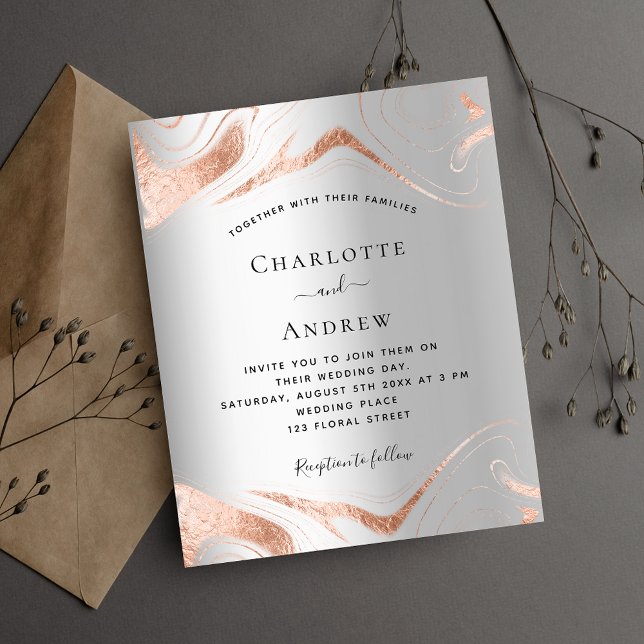 Budget silver rose gold marble wedding invitation flyer (Creator Uploaded)