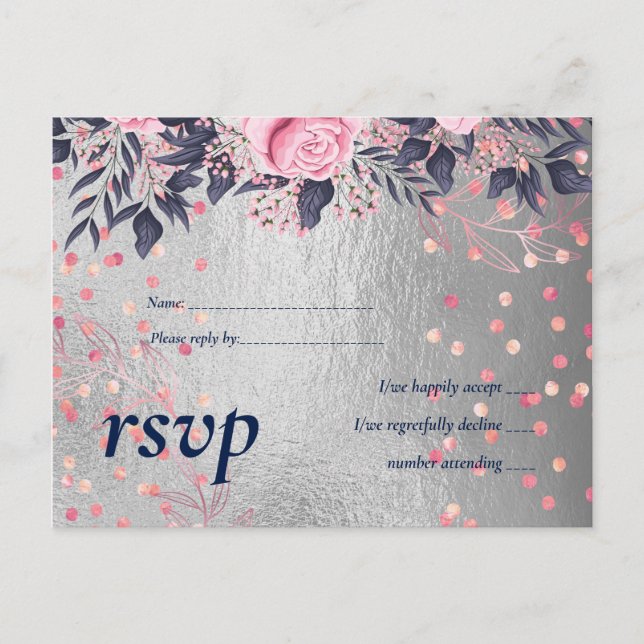 BUDGET Silver Rosegold Navy Pink Metallic Wedding Invitation Postcard (Front)