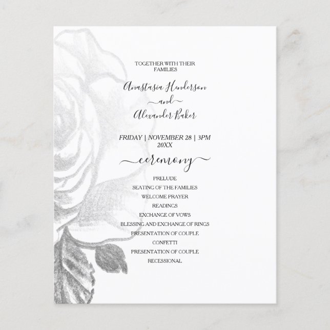 Budget Silver Roses Wedding Program card. Flyer (Front)