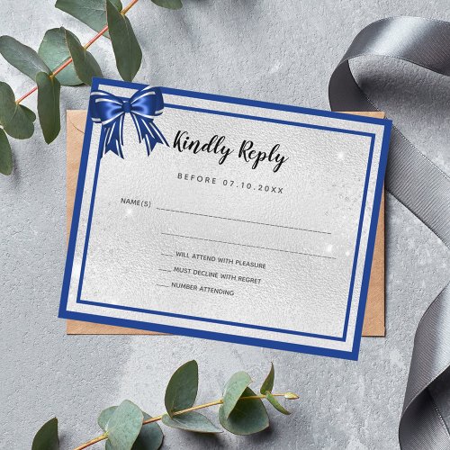 Budget silver royal blue elegant bow wedding RSVP