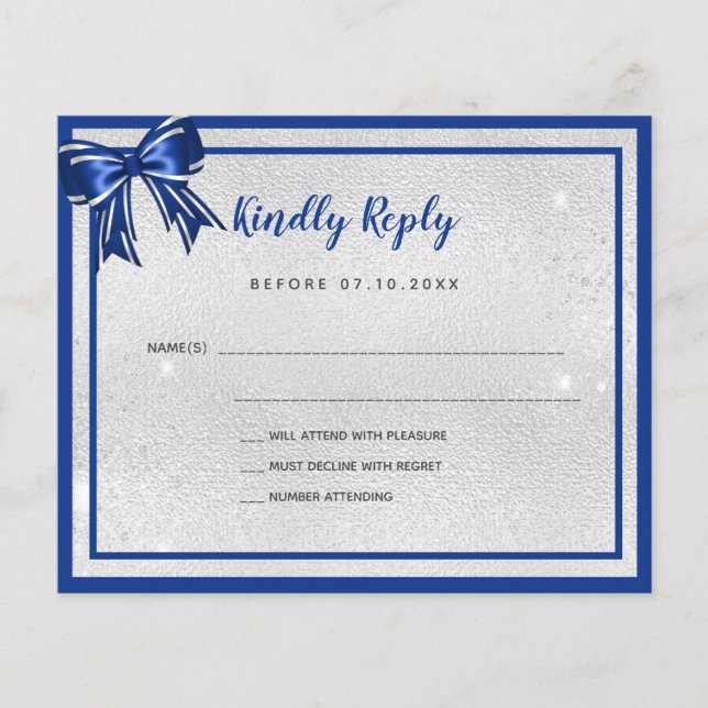 Budget silver royal blue elegant bow wedding RSVP (Front)