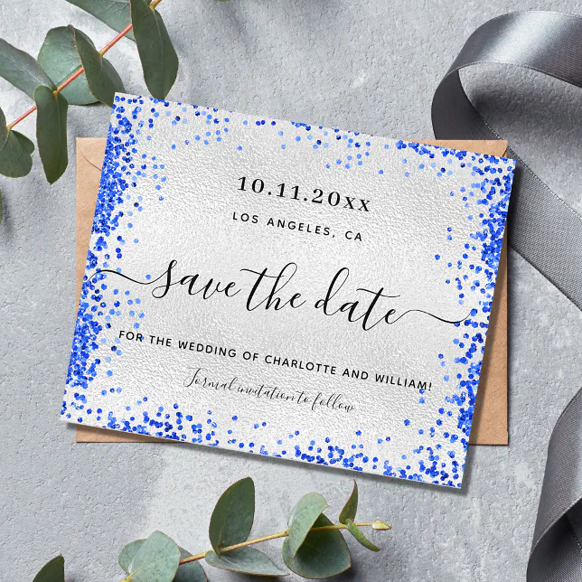 Budget silver royal blue wedding save the date | Zazzle