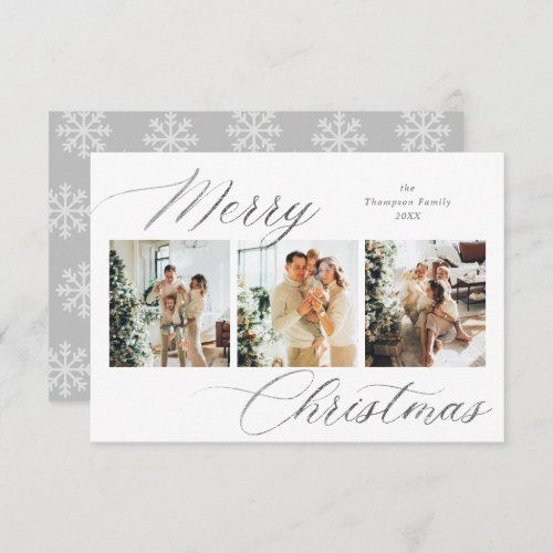 Budget Silver Script Merry Christmas Photo Collage Note Card