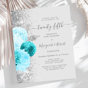 Budget Silver Teal Floral 25th Anniversary Party