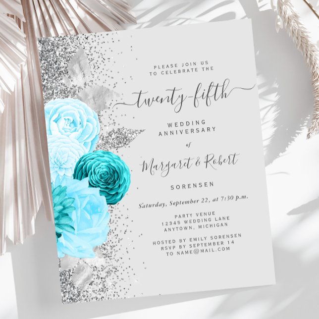 Budget Silver Teal Floral 25th Anniversary Party (Creator Uploaded)