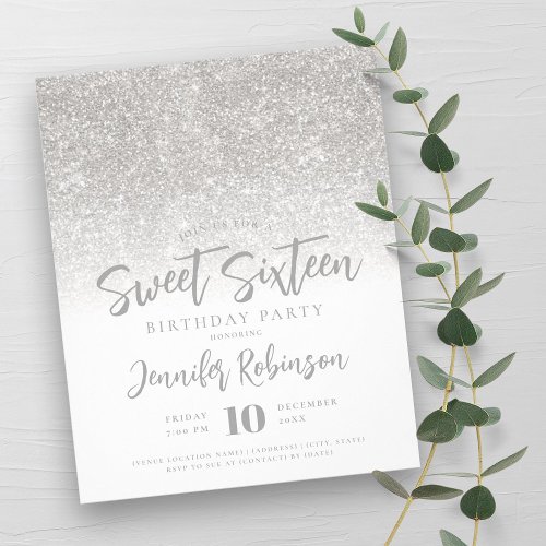 Budget Silver White Glitter Sweet 16 Invite Flyer