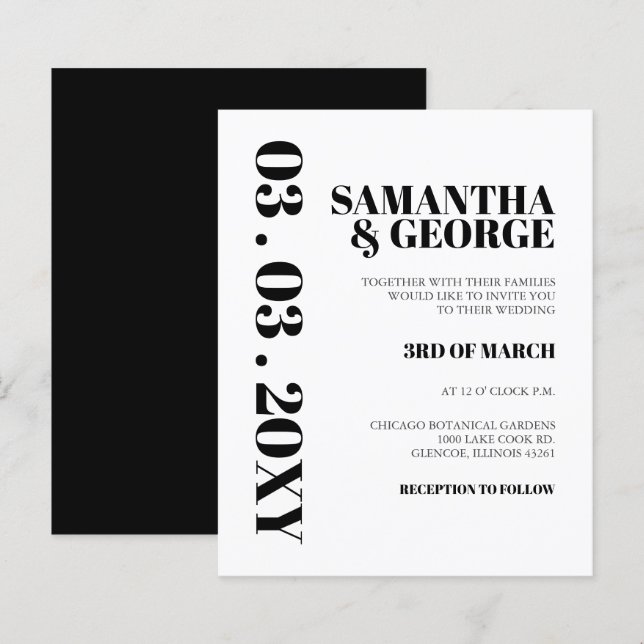 Budget Simple Black and White Wedding Invitation (Front/Back)