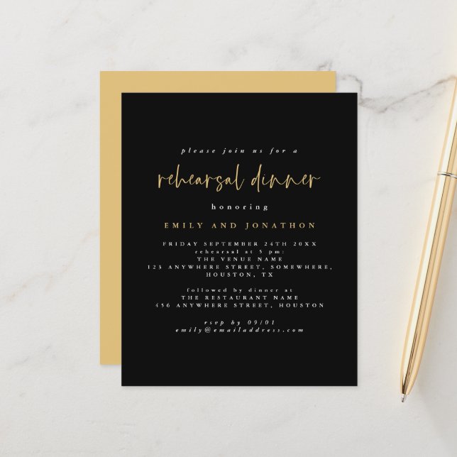 Budget Simple Black Gold Rehearsal Dinner Invite (Front/Back In Situ)