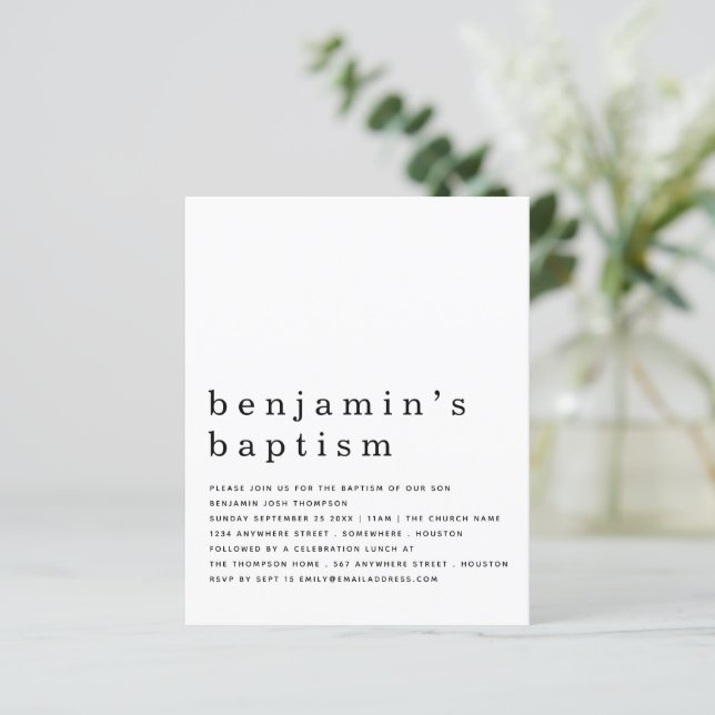 Budget Simple Black White Baptism Invitation (Standing Front)