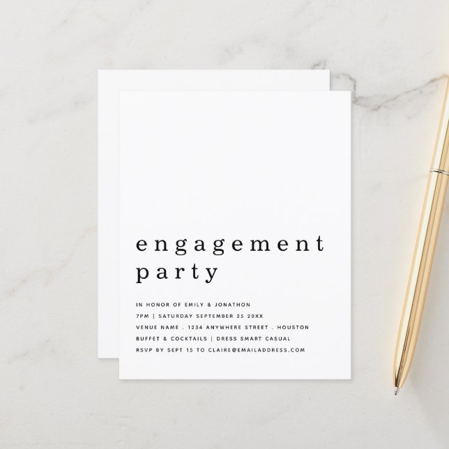 Budget Simple Black White Engagement Party Invite (Front/Back In Situ)
