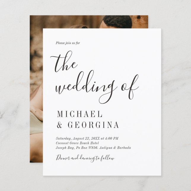 Budget Simple Black White Photo Wedding Invitation (Front/Back)