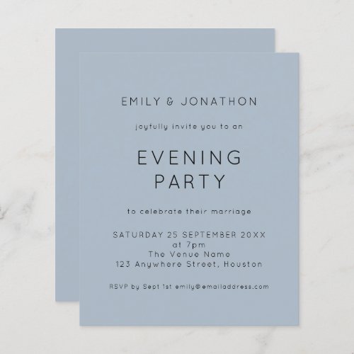 Budget Simple Blue Wedding Evening Party Invite