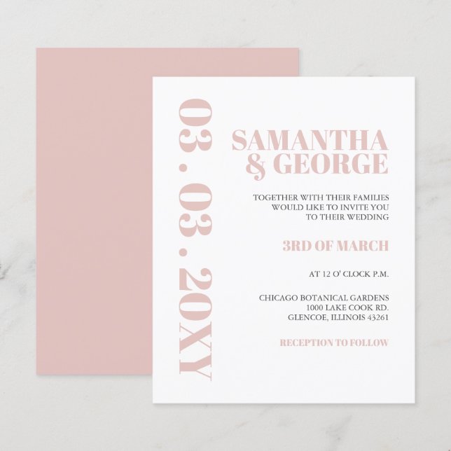 Budget Simple Blush Modern Wedding Invitation (Front/Back)