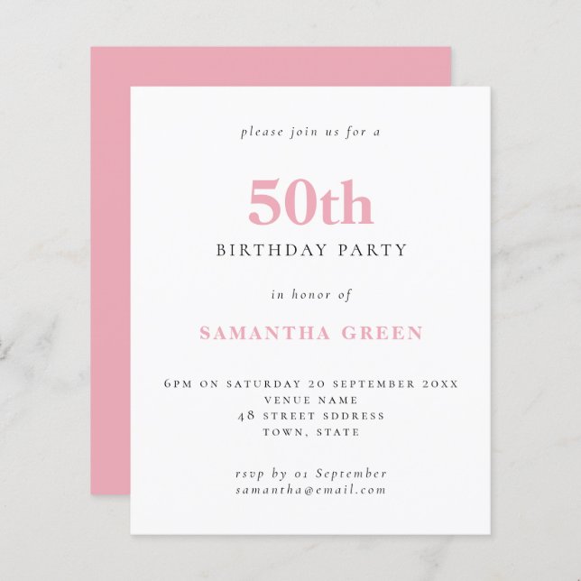 Budget Simple Blush Pink 50th Birthday Invitation (Front/Back)