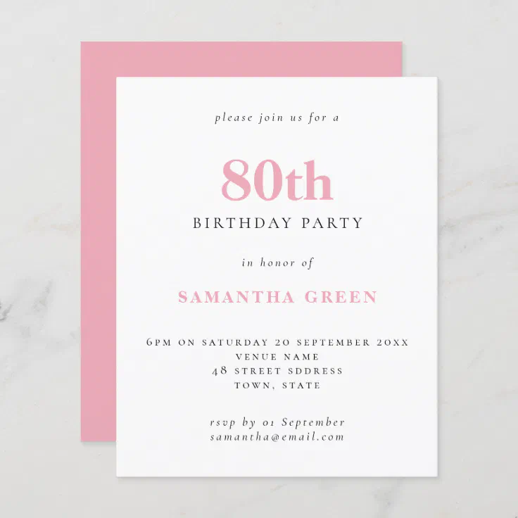 Budget Simple Blush Pink 80th Birthday Invitation | Zazzle