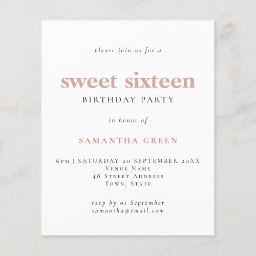 Budget Simple Blush Sweet 16 Birthday Invite