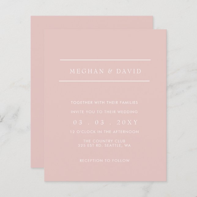 Budget Simple Blush Wedding  Invitation (Front/Back)