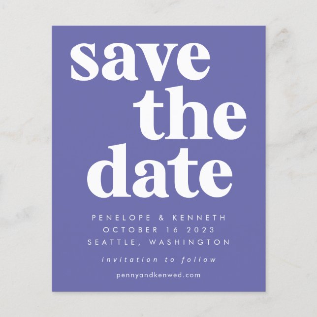 Budget Simple Bold Purple Save The Date Card (Front)