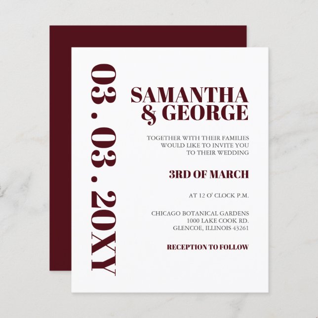 Budget Simple Burgundy Modern Wedding Invitation (Front/Back)