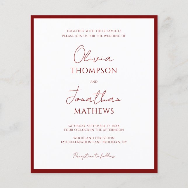 BUDGET Simple Burgundy Red Border Script Wedding (Front)
