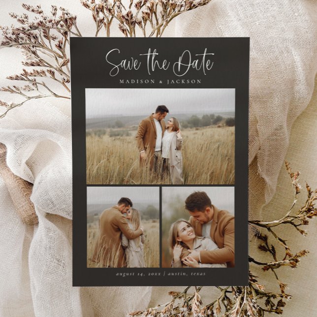 Budget Simple Calligraphy Script Modern Four Photo Save The Date (Creator Uploaded)