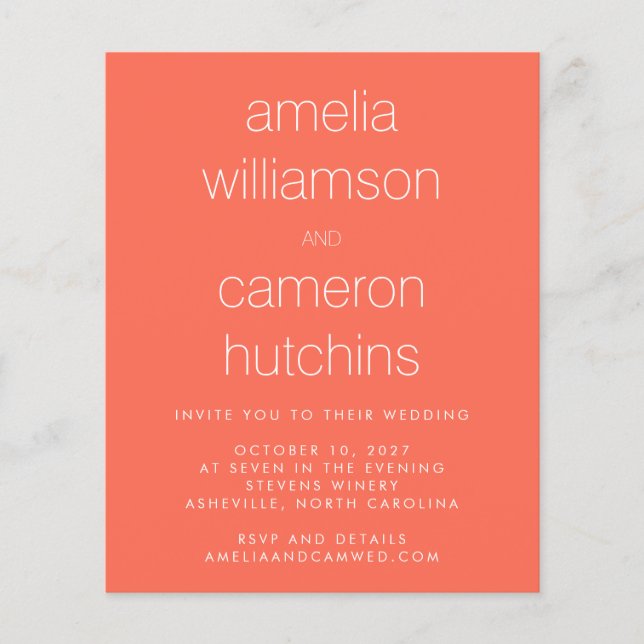 Budget Simple Chic Orange Coral Wedding Invite (Front)