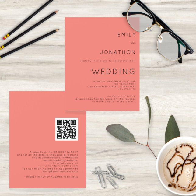 Budget Simple Coral Rose QR Code Wedding Invite (Creator Uploaded)