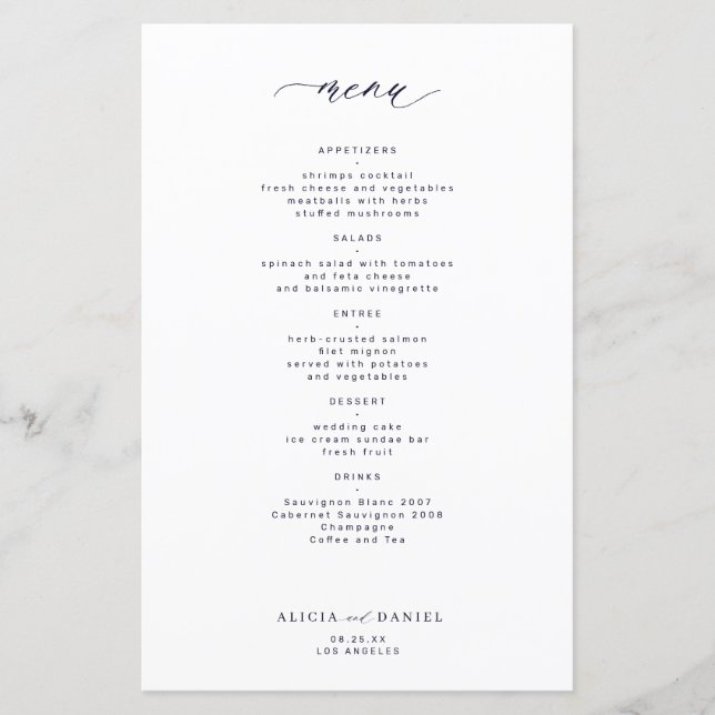 Budget simple dark navy typography wedding menu (Front)