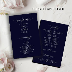 Budget simple dark navy white wedding program flyer
