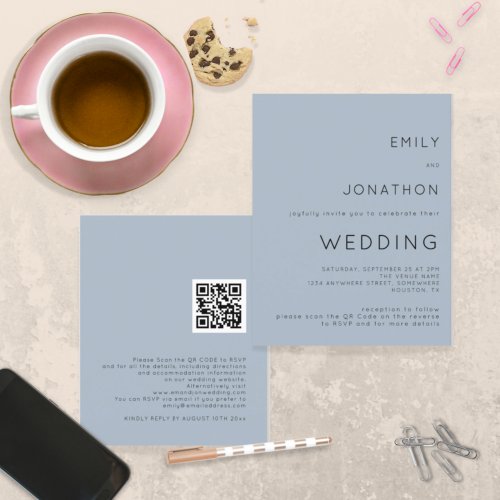 Budget Simple Dusty Blue QR Code Wedding Invite