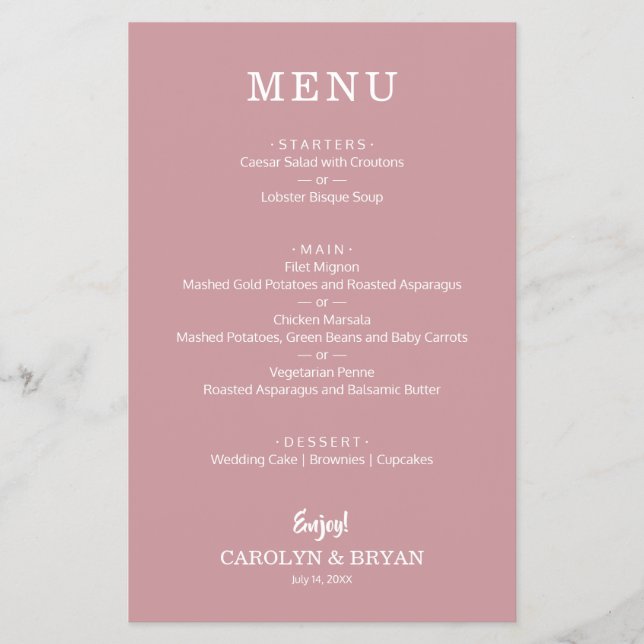 Budget Simple Dusty Rose Wedding Menu Flyer (Front)