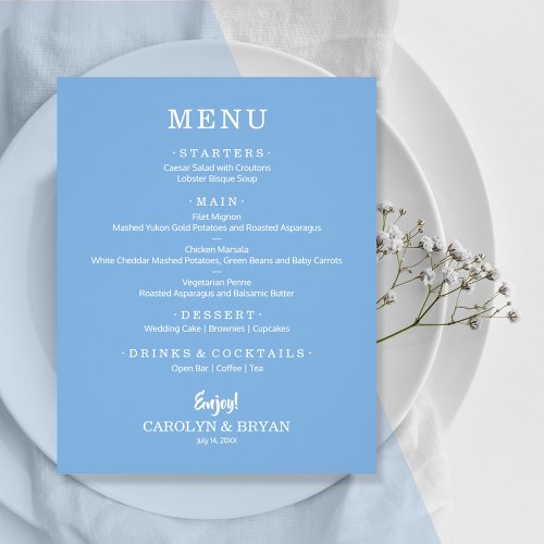 Budget Simple Elegant Blue Wedding Menu Flyer