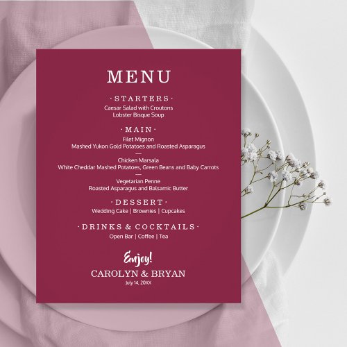 Budget Simple Elegant Cranberry Wedding Menu Flyer