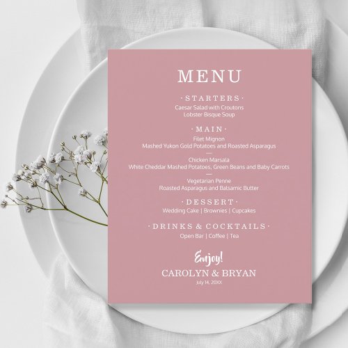 Budget Simple Elegant Dusty Rose Wedding Menu